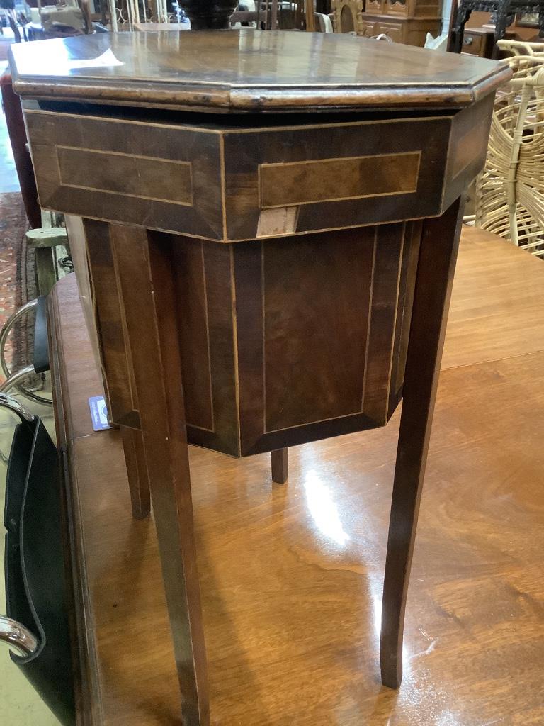 A George III octagonal mahogany work table, width 43cm, depth 31cm, height 58cm